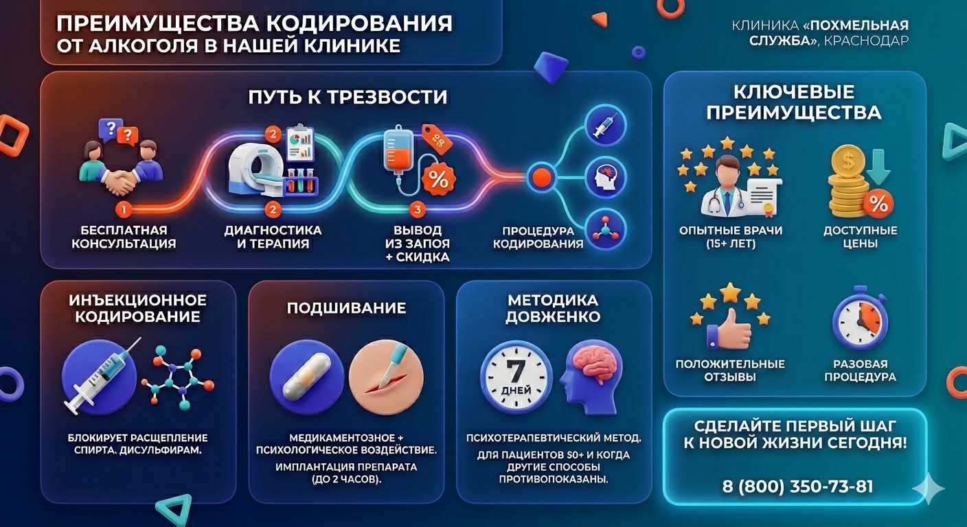 Инфографика о методах кодирования от алкоголя в Яшкино: инъекции, подшивание, метод Довженко. Преимущества клиники и этапы лечения.